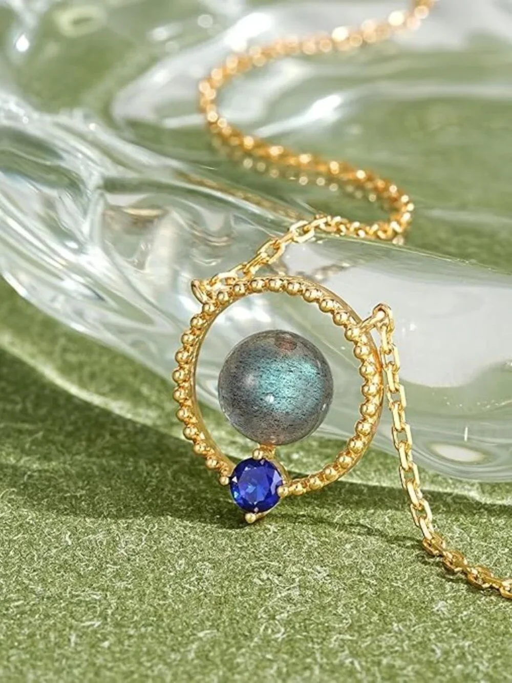 NWT! Womens Fashion 14K Gold-Plated Necklace with Beaded Bezel & Dual Stones